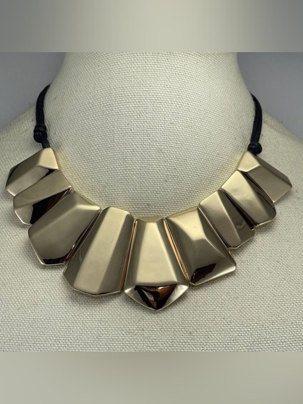 St Thomas Gold Tone Metal Beaded Black Cord Statement Bib Collar Necklace